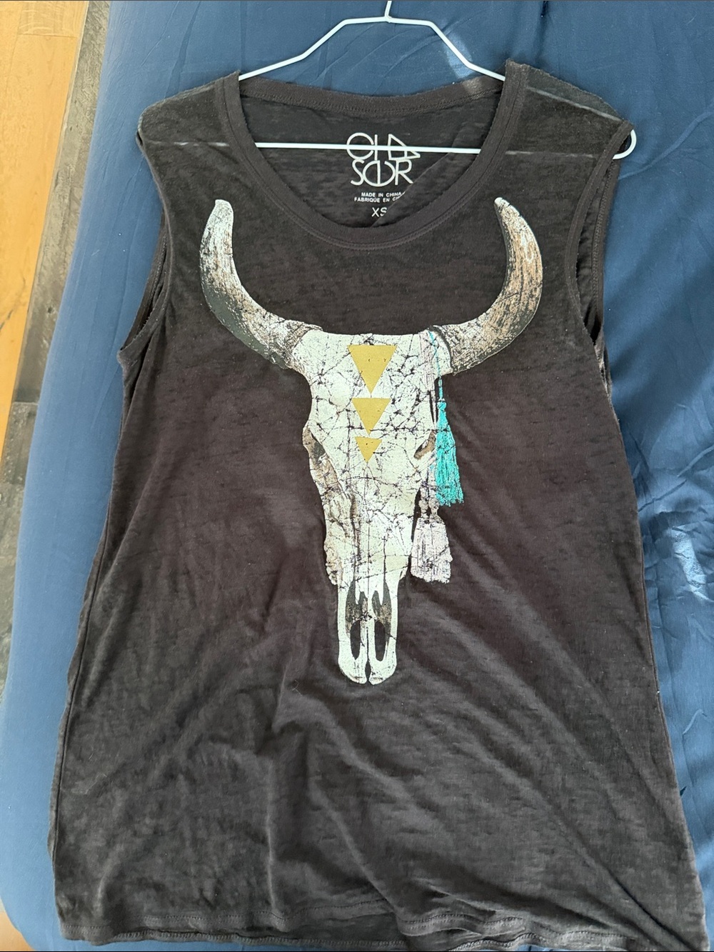 Chaser Black Tank Top with Cream Bull Skull and Teal Accent